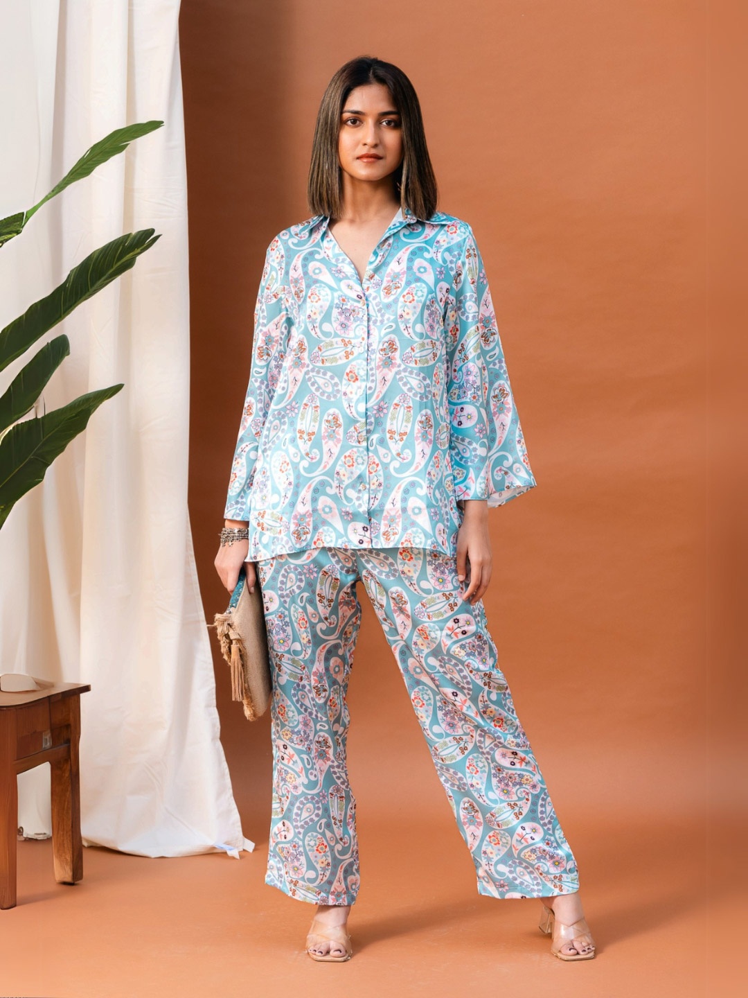 

Svamsa Printed Shirt Collar Shirt With Trousers Co-Ords Set, Blue