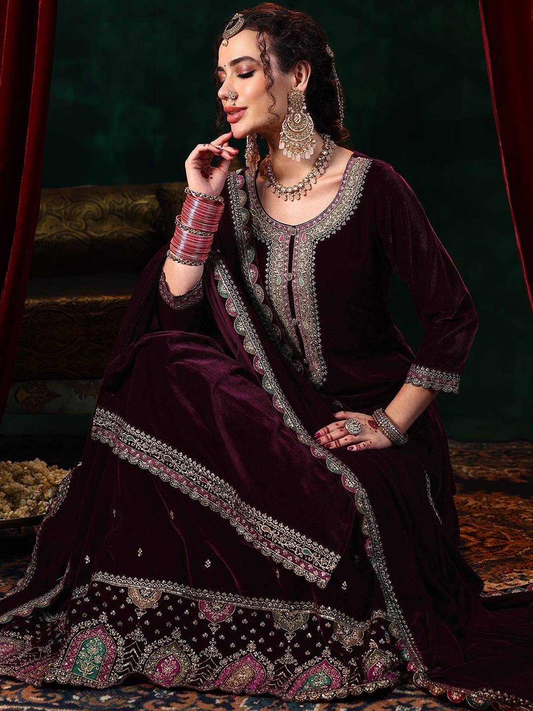 

Libas Women Embroidered Regular Velvet Kurta with Skirt & With Dupatta, Burgundy