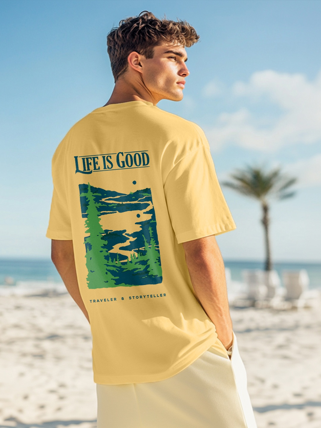 

NOBERO Men Printed Drop-Shoulder Sleeves T-shirt, Yellow
