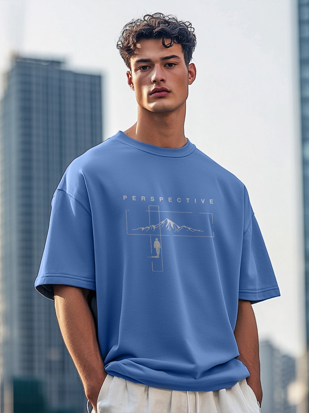 

NOBERO Men Printed Drop-Shoulder Sleeves T-shirt, Blue