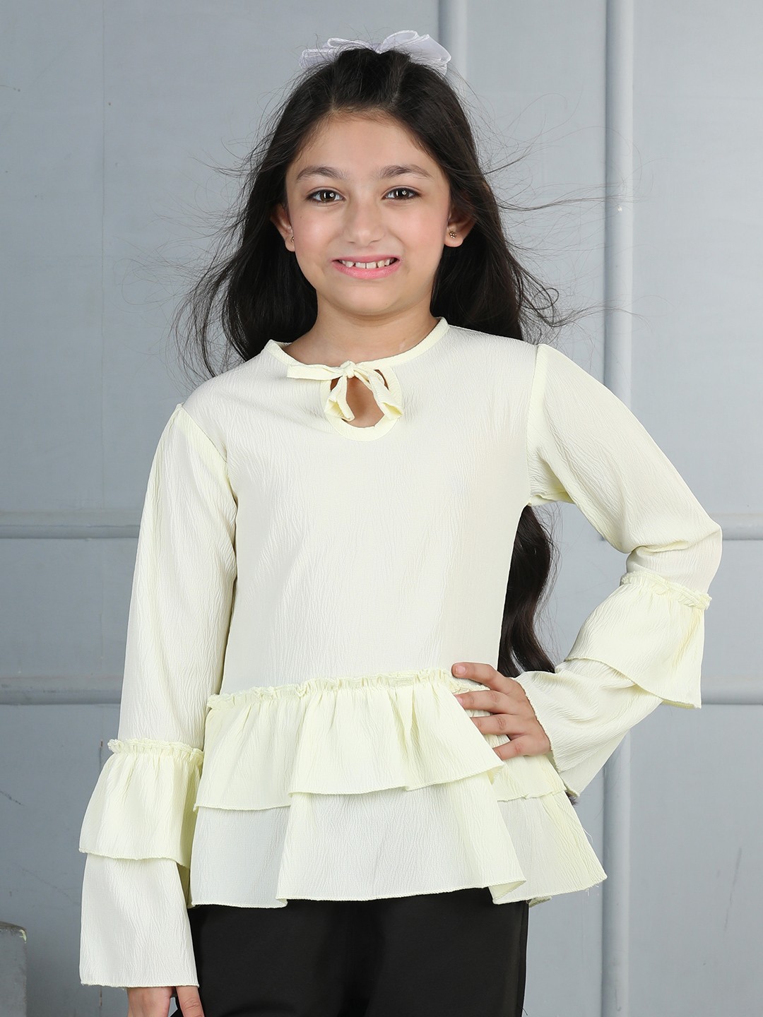 

Cutiekins Girls Embellished Flared Sleeve Ruffles Top, Cream