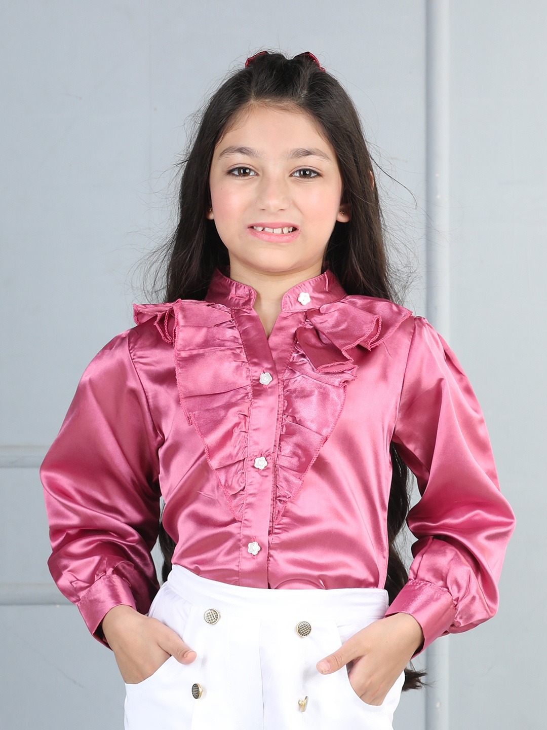 

Cutiekins Girls Mandarin Collar Ruffles Shirt Style Top, Pink