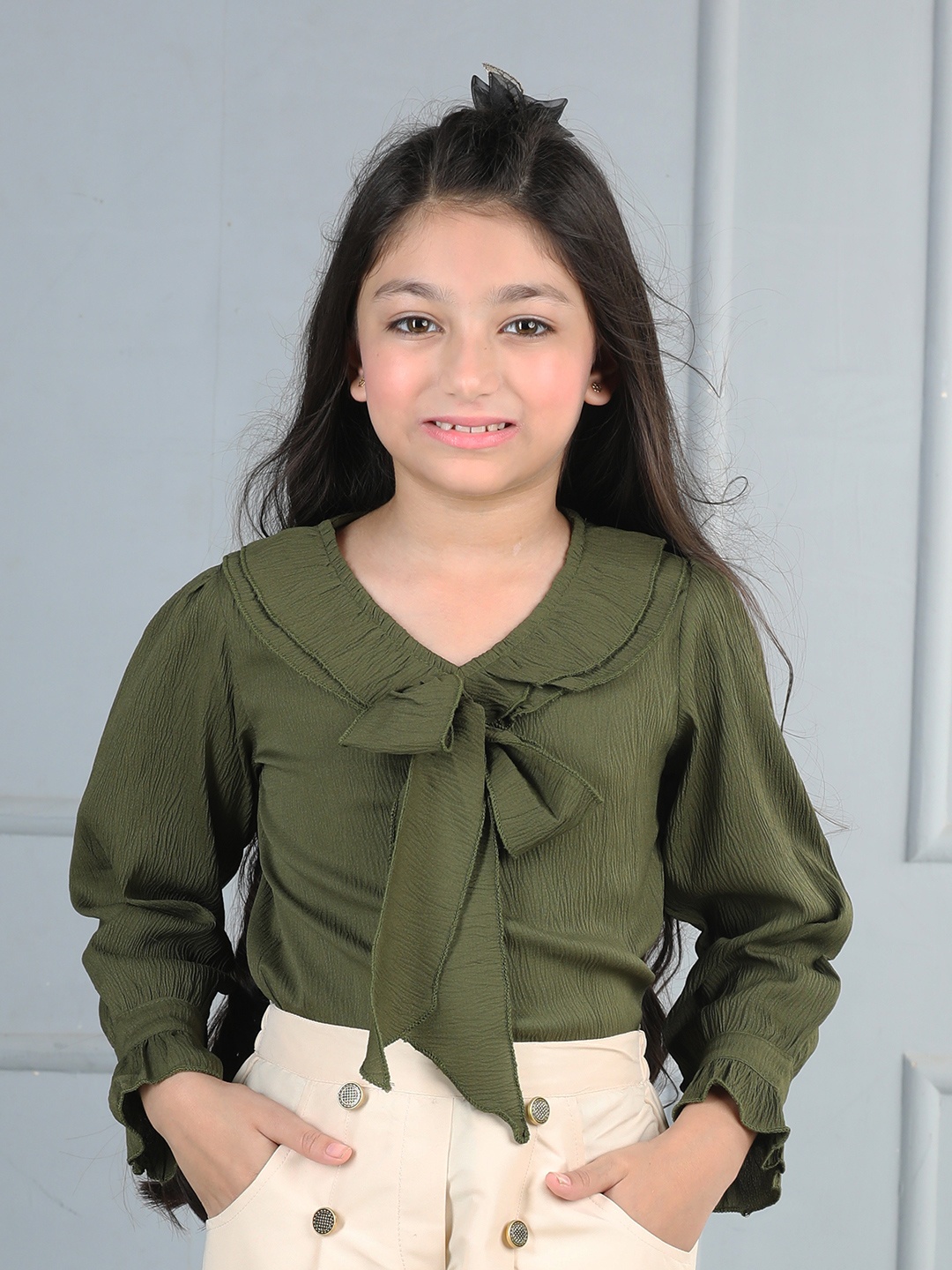 

Cutiekins Girls Tie-Up Neck Flared Sleeve Ruffles Top, Olive