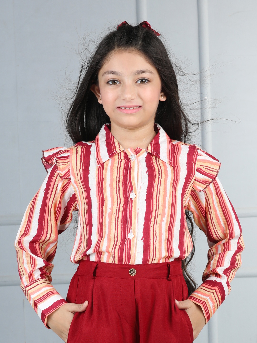 

Cutiekins Girls Striped Cuffed Sleeves Shirt Style Casual Top, Maroon