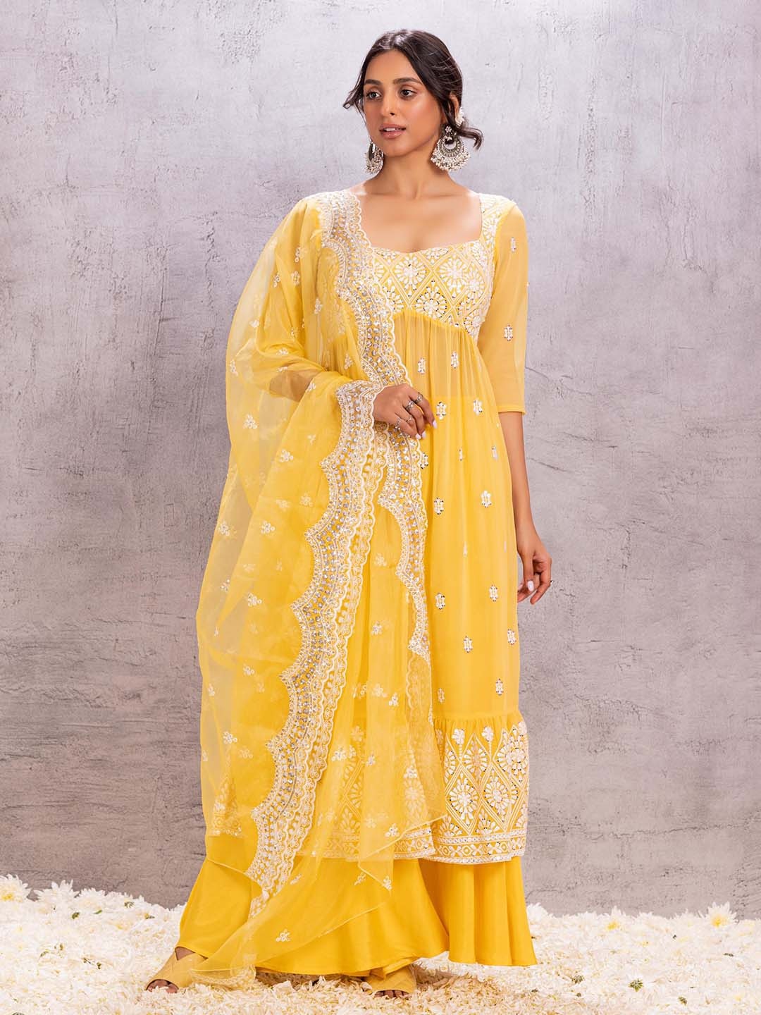 SEW Women Floral Embroidered Regular Thread Work Kurta with Palazzos & With Dupatta, Yellow