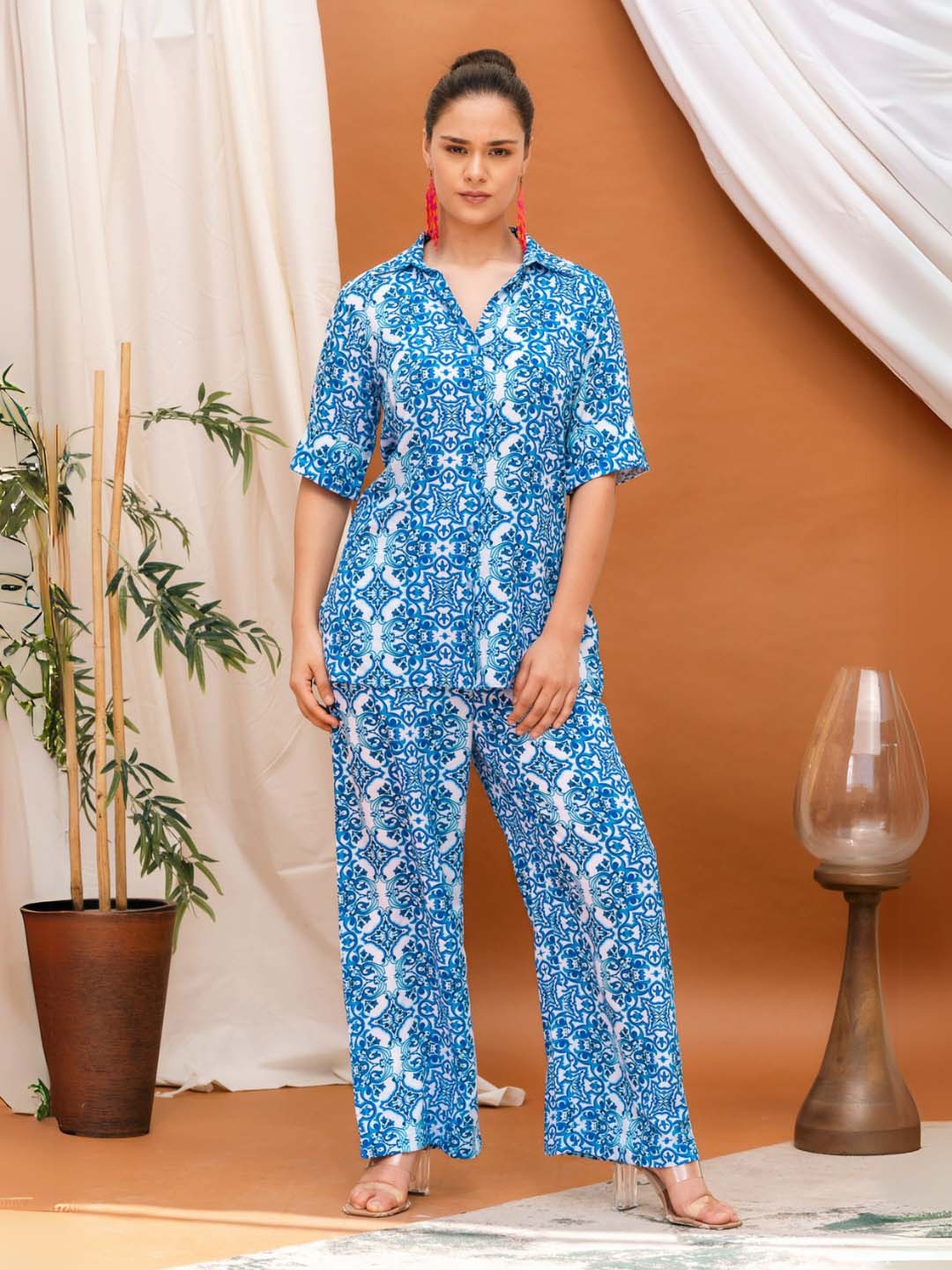 

Svamsa Printed Shirt Collar Shirt With Trousers Co-Ords Set, Blue