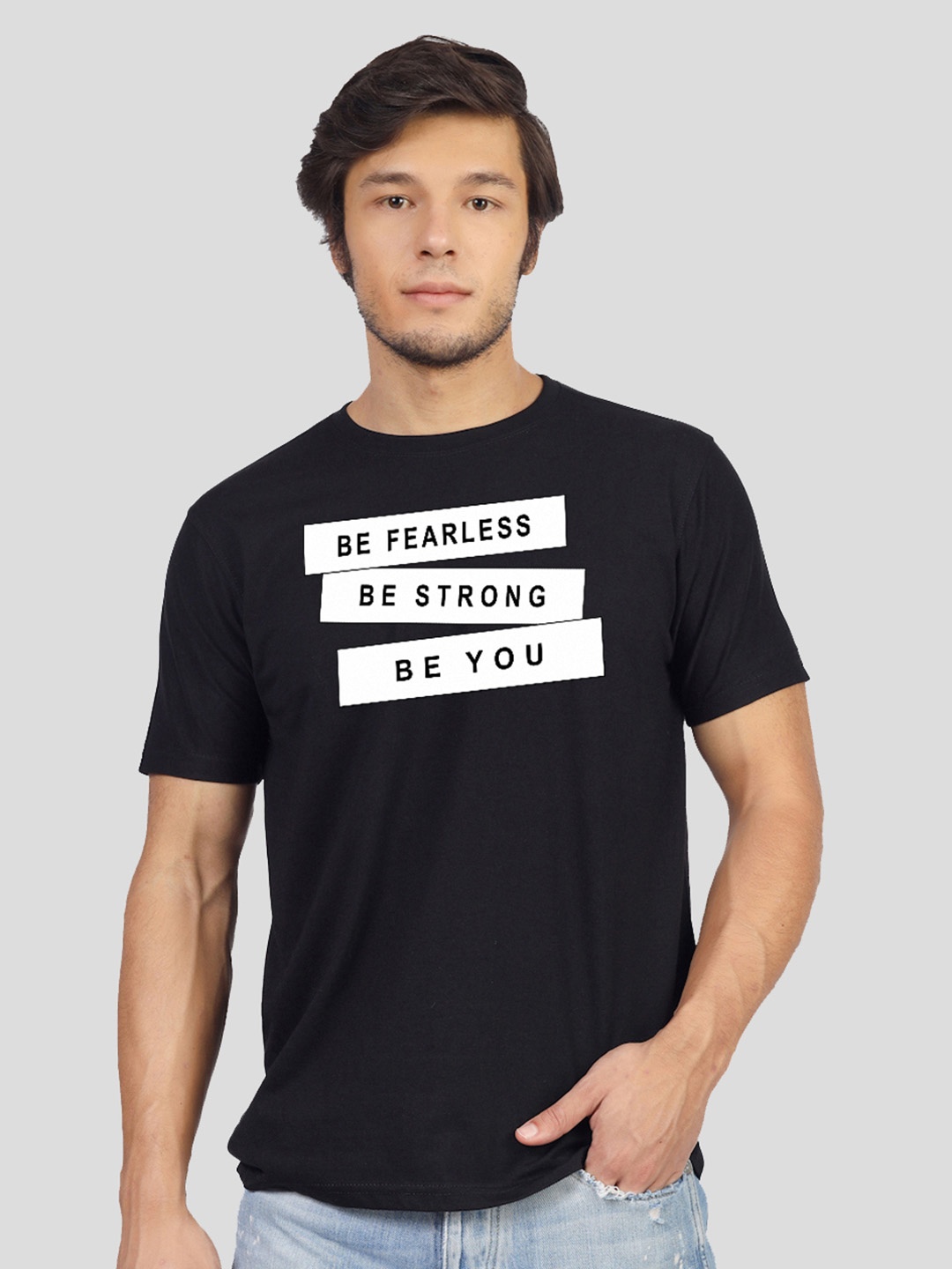Greylongg Men Typography Printed Round Neck Cotton T-shirt, Black