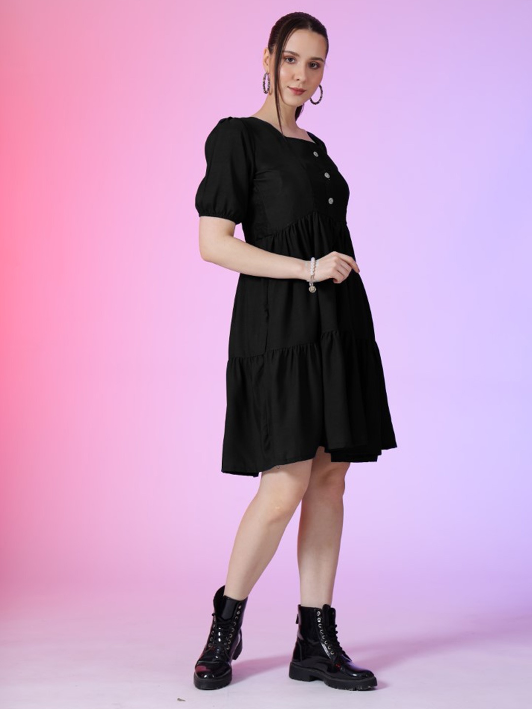 

Femvy Women Square Neck Tiered Fit & Flare Dress, Black
