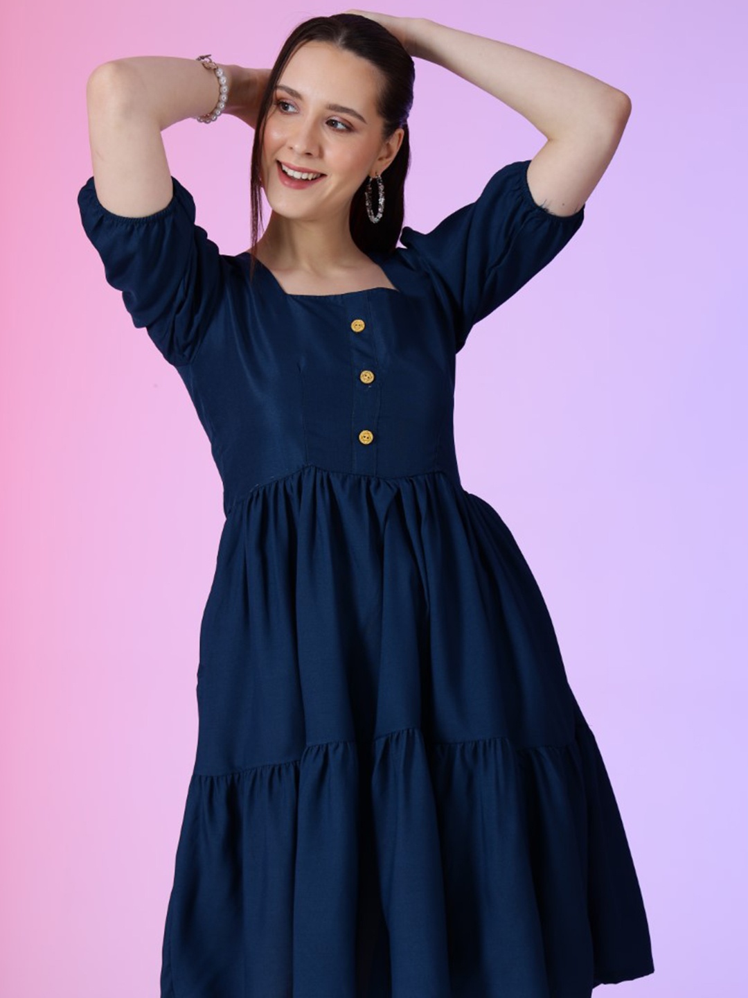 

Femvy Women Solid Square Neck Fit & Flare Dress, Blue