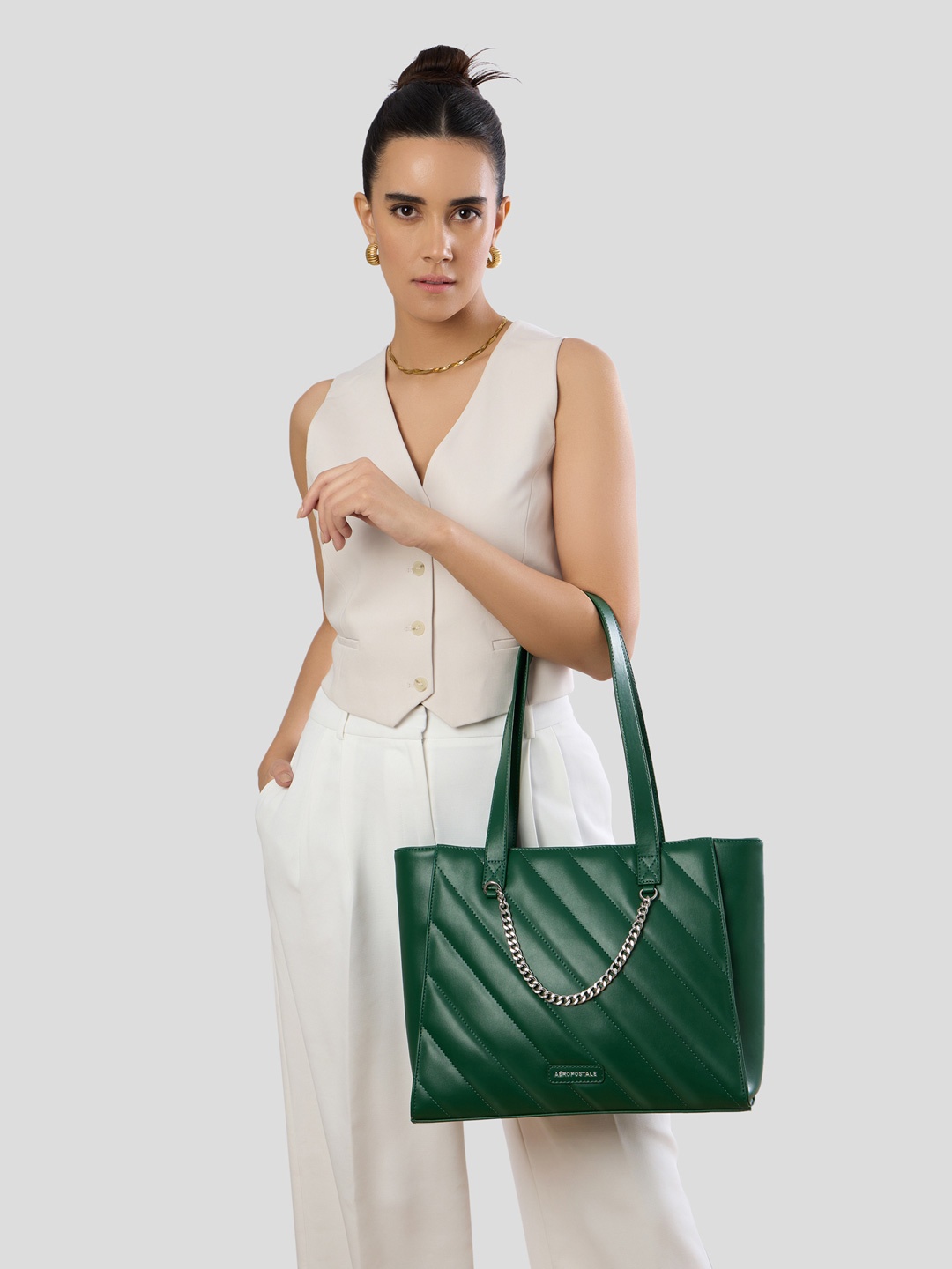 

Aeropostale PU Structured Tote Bag with Quilted, Green
