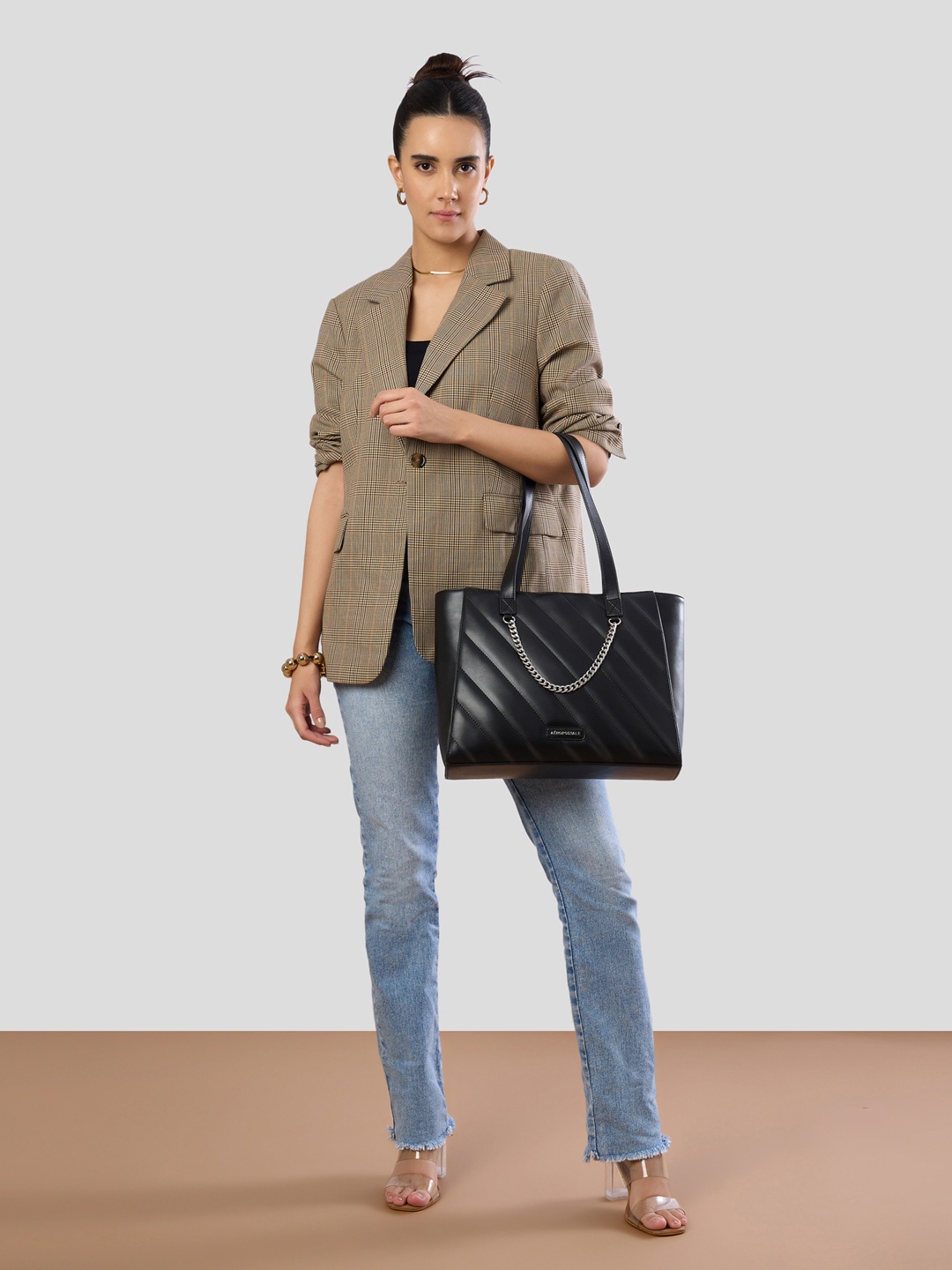 

Aeropostale PU Structured Tote Bag with Quilted, Black