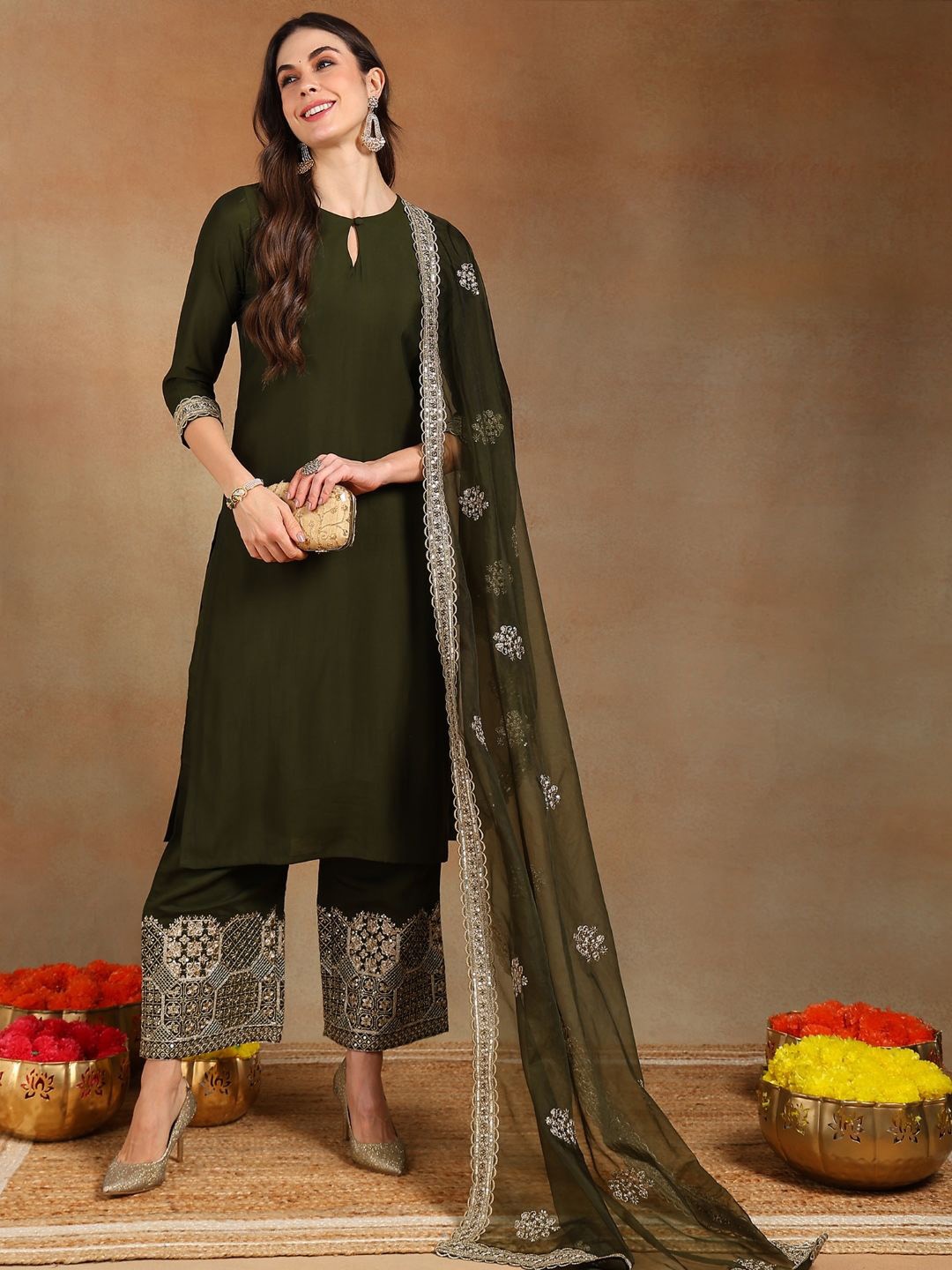 

KALINI Women Regular Kurta with Palazzos & With Dupatta, Olive