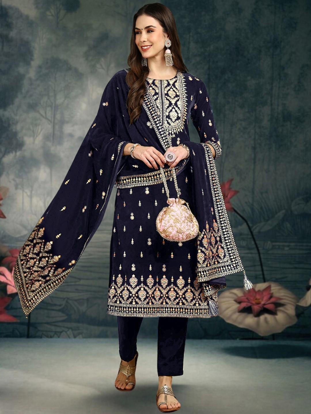 

KALINI Women Ethnic Motifs Printed Regular Velvet Kurta with Trousers & With Dupatta, Navy blue