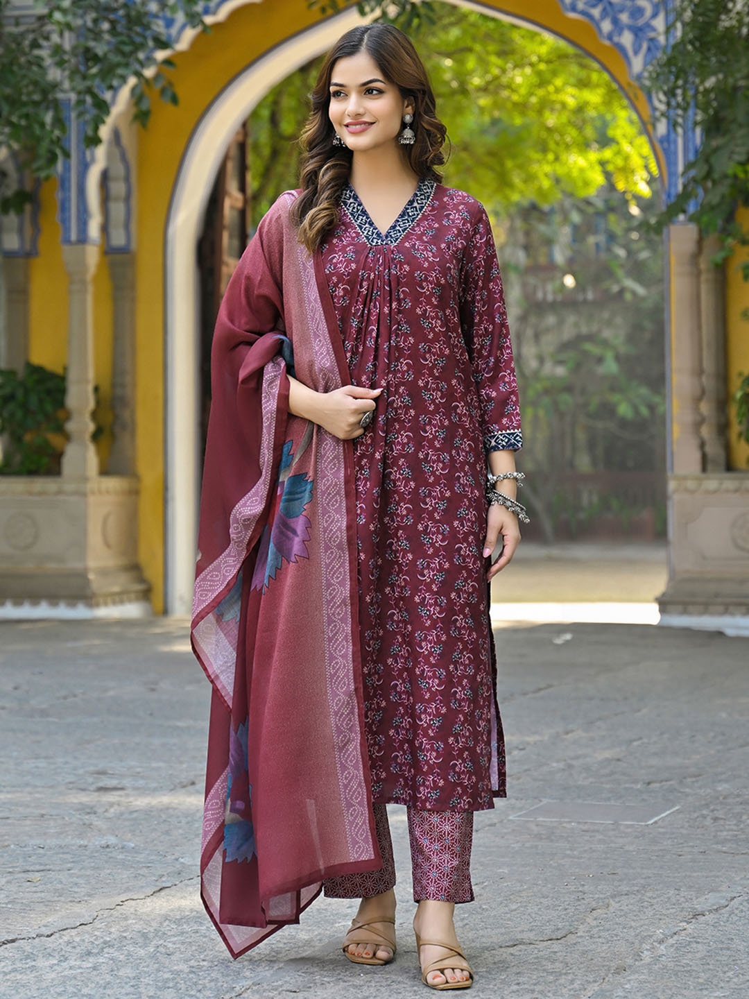 

KALINI Women Floral Printed Pleated Kurta with Trousers & With Dupatta, Maroon