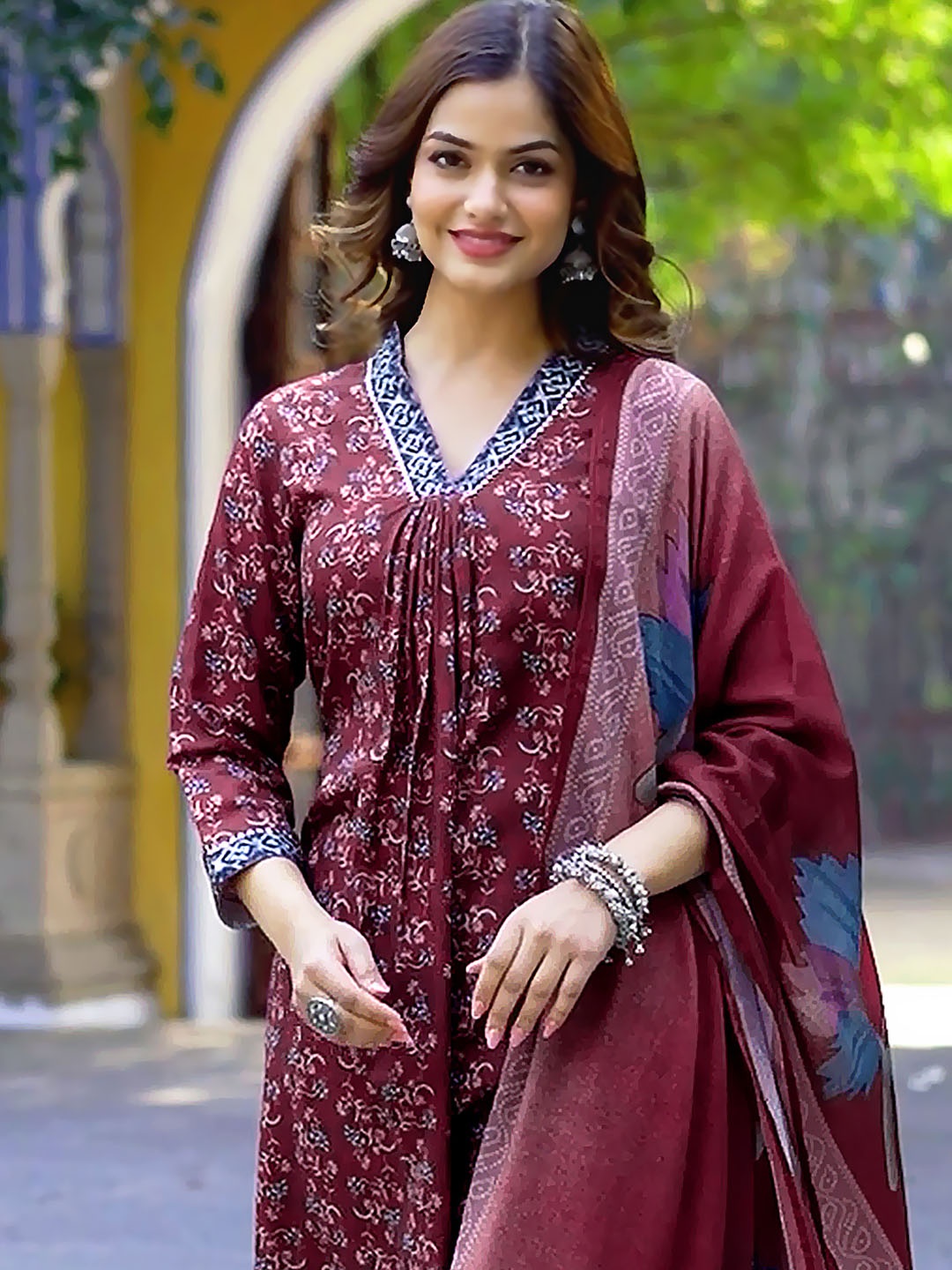 

KALINI Women Floral Printed Pleated Kurta with Trousers & With Dupatta, Maroon