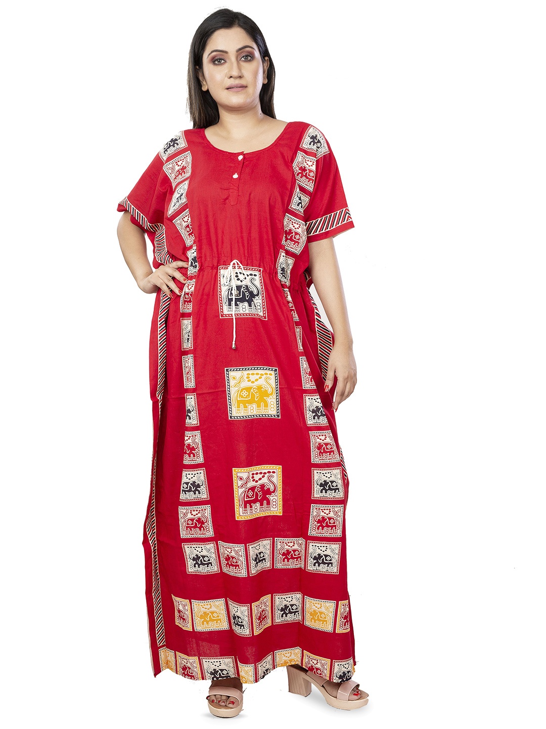 

Laa Calcutta Women Short Sleeves Printed Pure Cotton Kaftan Dress, Red