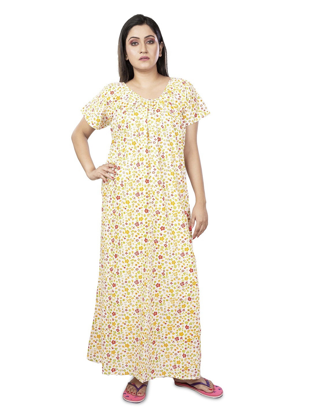 

Laa Calcutta Women Short Sleeves Printed Pure Cotton Maxi Nightdress, White