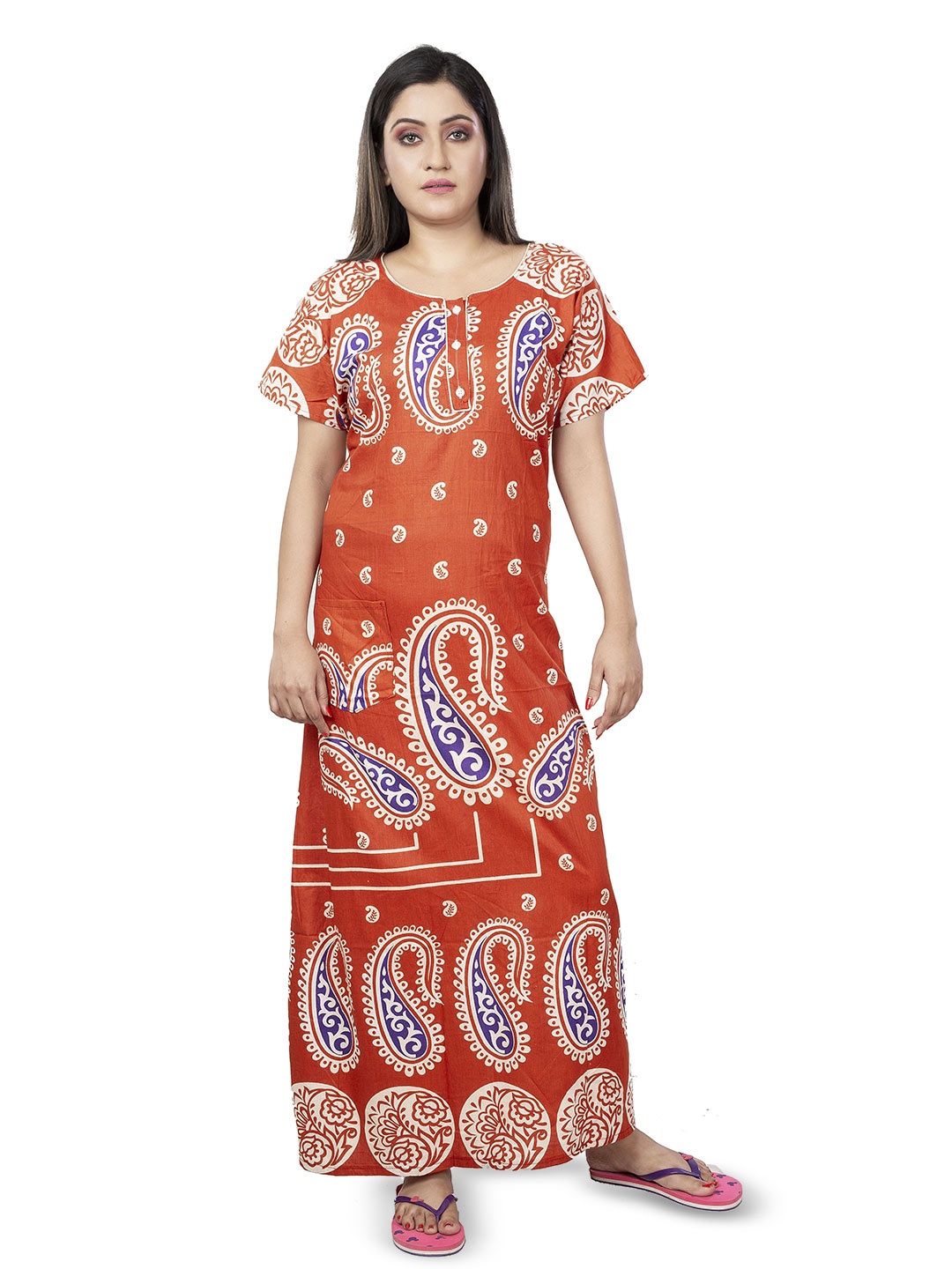 

Laa Calcutta Women Printed Pure Cotton Maxi Nightdress, Rust