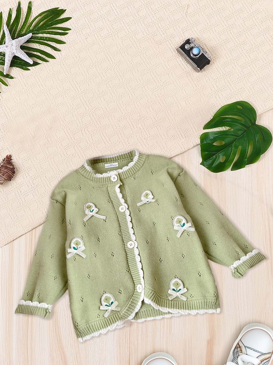 

FOREVER FRIDAY Girls Self Design Embroidered Long Sleeves Cardigan, Green