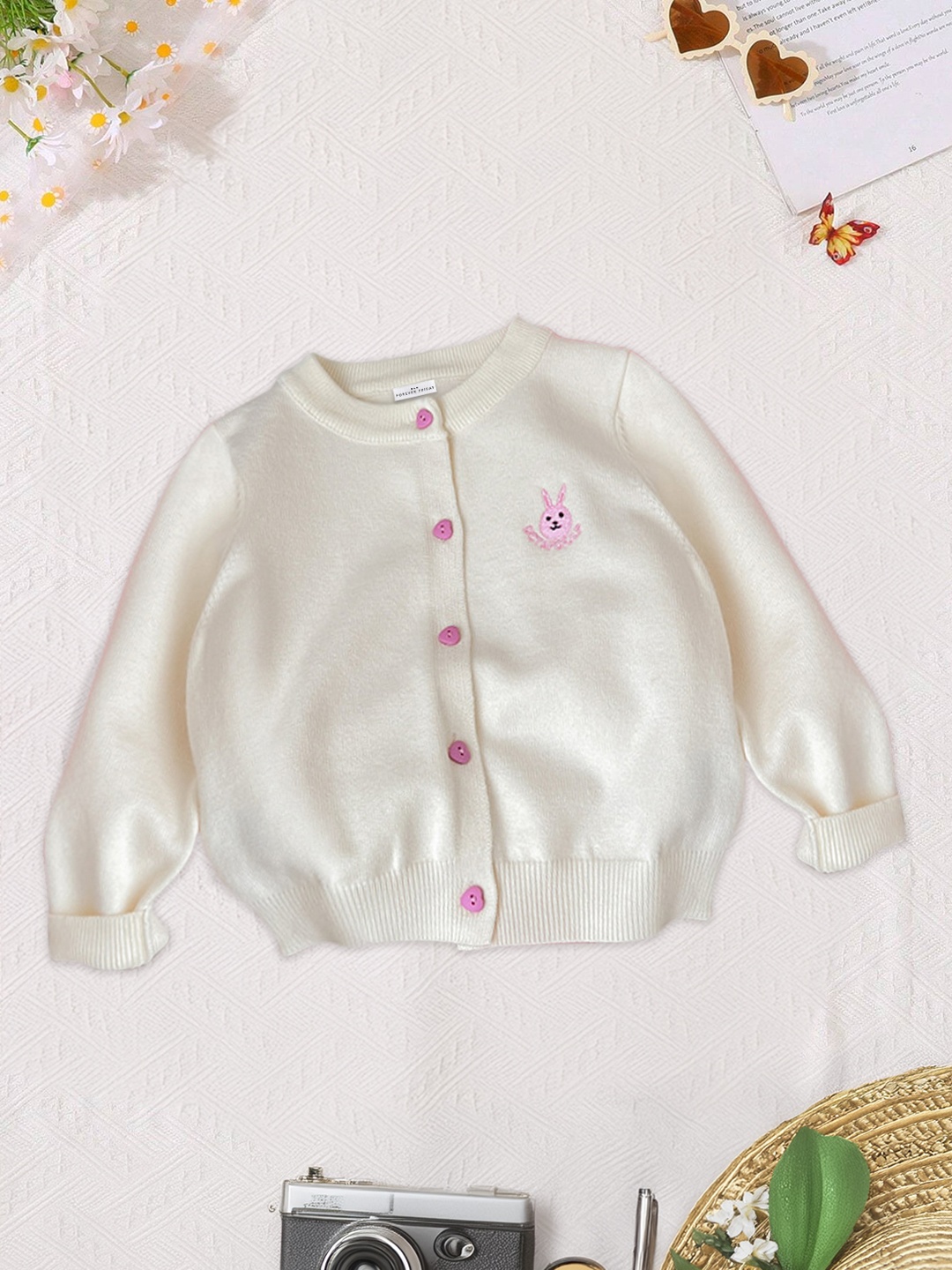 

FOREVER FRIDAY Girls Round Neck Cotton Cardigan, White