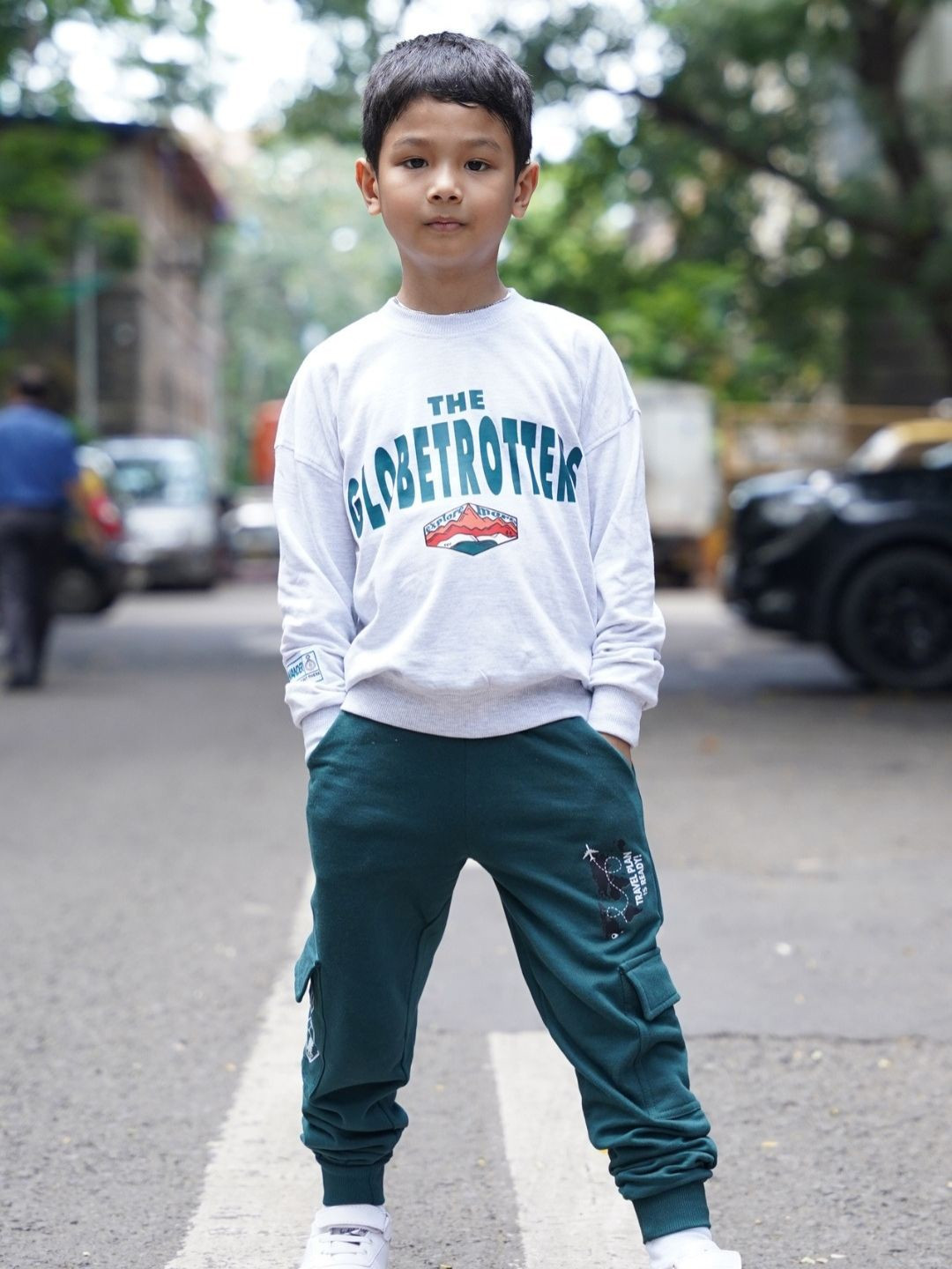 

Nap Chief Kids Unisex Globetrotters Printed Cotton Oversized Sweatshirt With Cargo Joggers, Grey melange