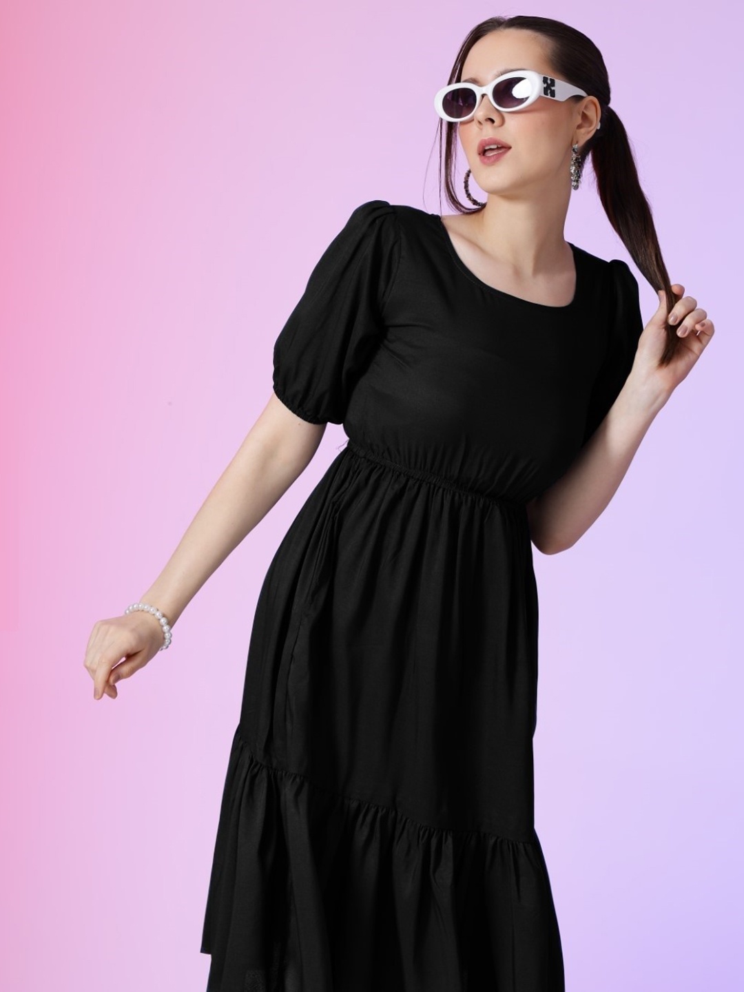 

Raiyani Enterprise Women Fit & Flare Tiered Knee Length Dress, Black