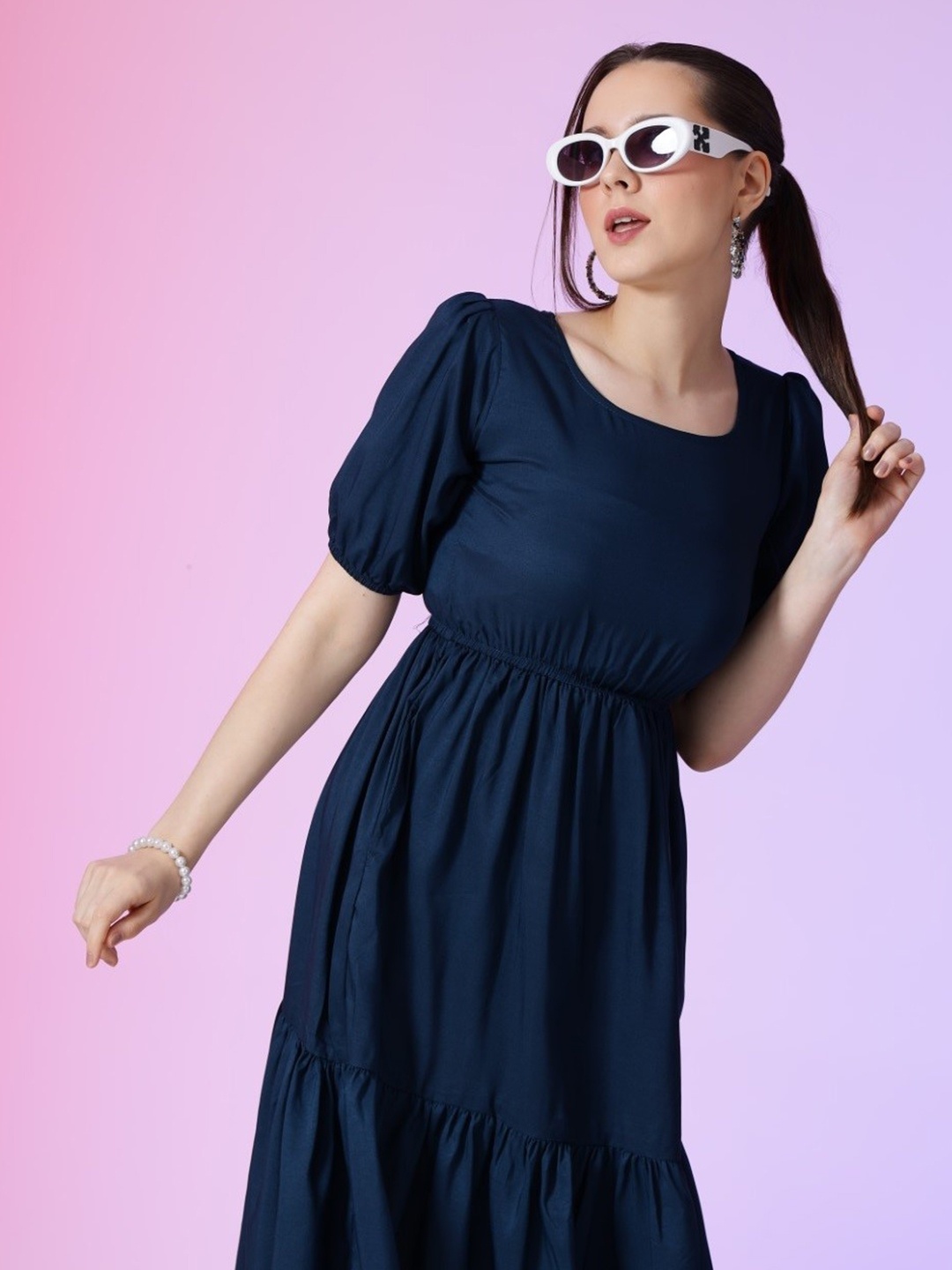 

Raiyani Enterprise Solid Crepe Fit & Flare Dress, Navy blue