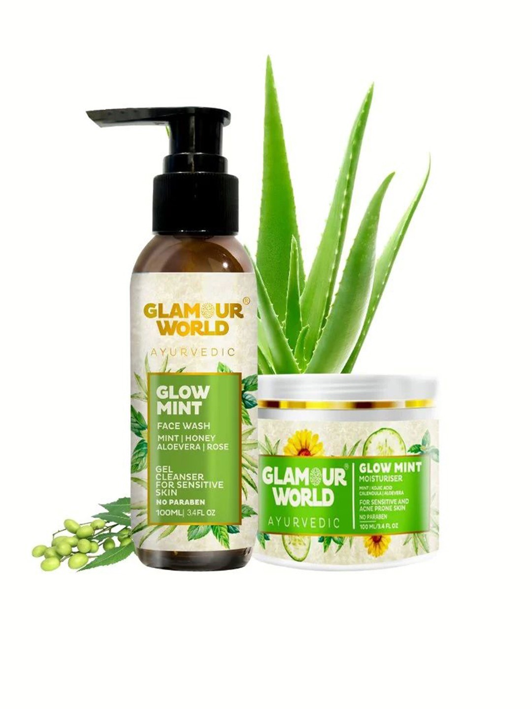 

Glamour World Ayurvedic Set Of 2 Glow Mint Face Wash- 100ml & Glow Mint Moisturizer- 100ml, Green