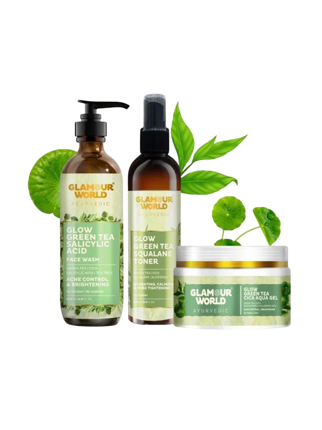 

Glamour World Ayurvedic Set Of 3 Glow Green Tea Face Wash- 200 ml- Toner-200 ml & Gel-50ml