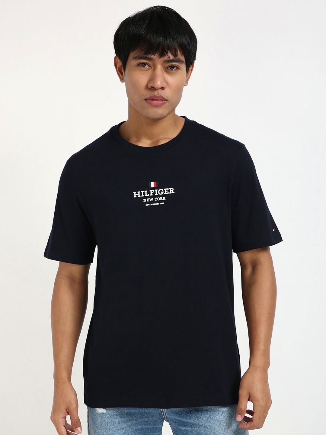 Tommy Hilfiger Men Typography Printed Round Neck Cotton T-shirt, Blue