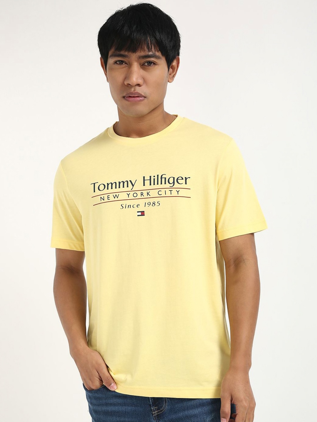 

Tommy Hilfiger Men Typography Printed Round Neck Cotton T-shirt, Yellow