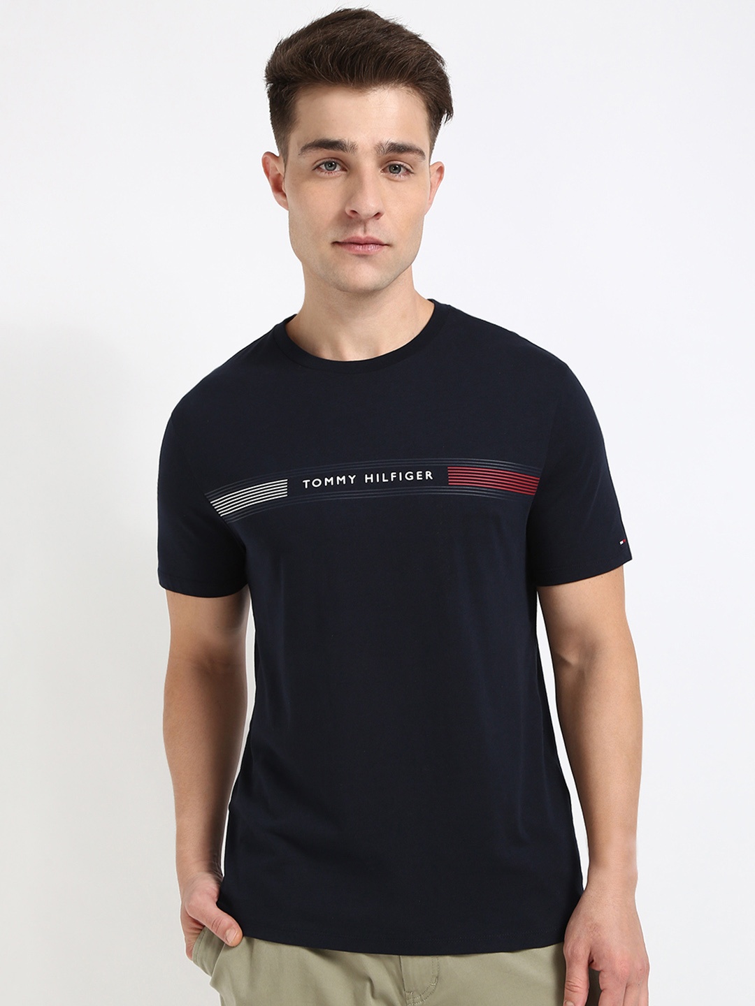 

Tommy Hilfiger Men Typography Printed Round Neck Cotton T-shirt, Navy blue