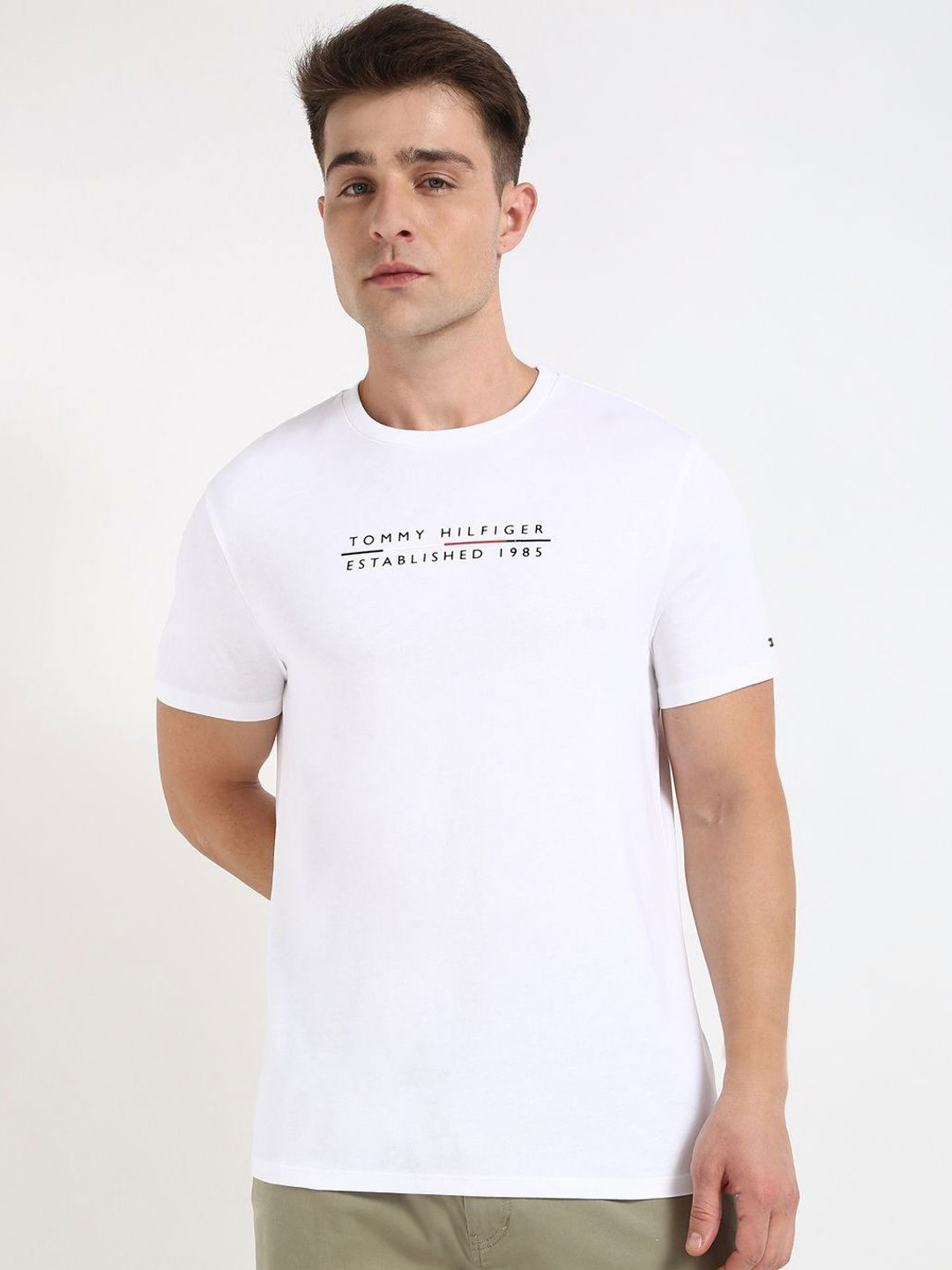 

Tommy Hilfiger Men Typography Printed Round Neck Cotton T-shirt, White
