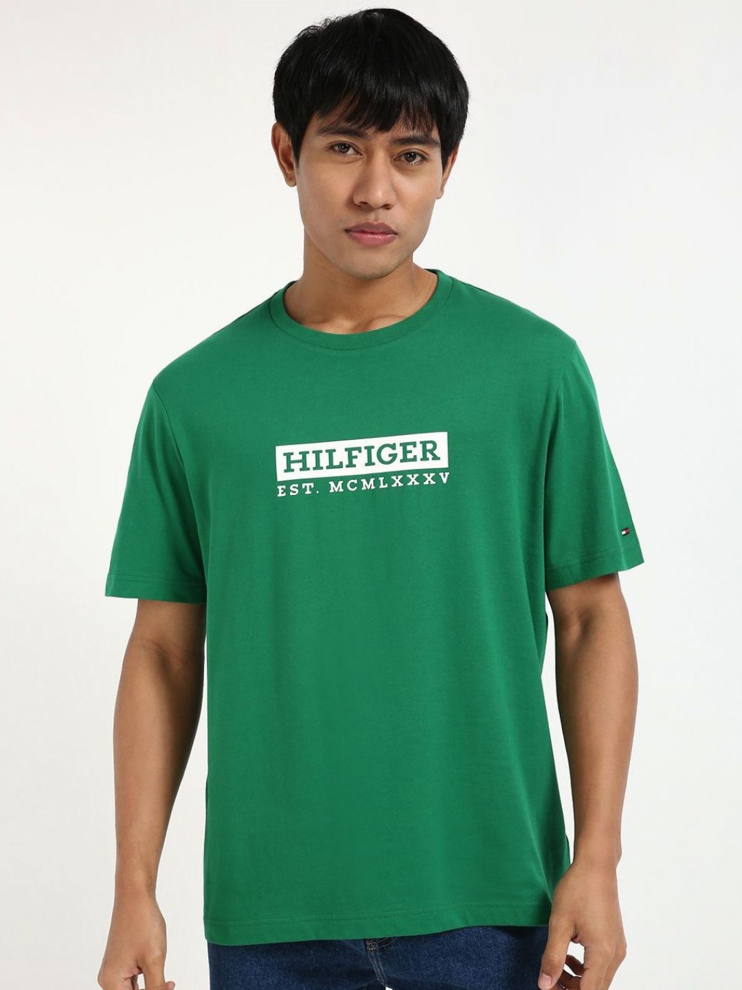 Tommy Hilfiger Men Typography Printed Round Neck Cotton T-shirt, Green