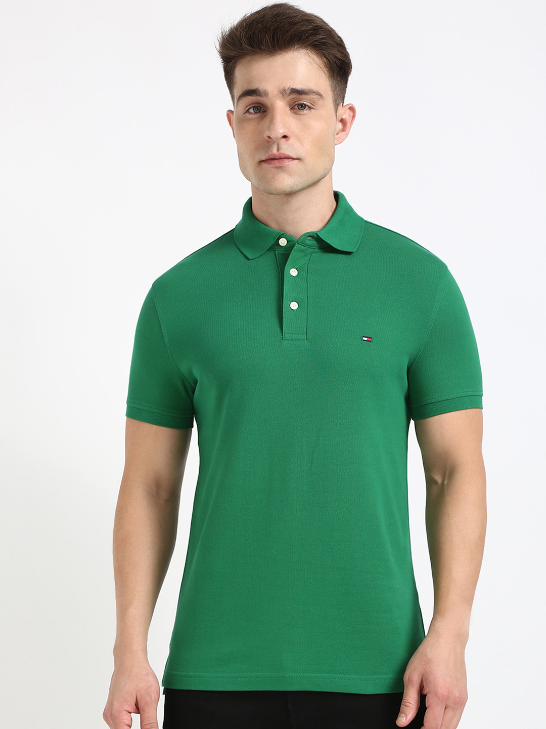 

Tommy Hilfiger Men Solid Polo Collar Cotton Slim Fit T-shirt, Green