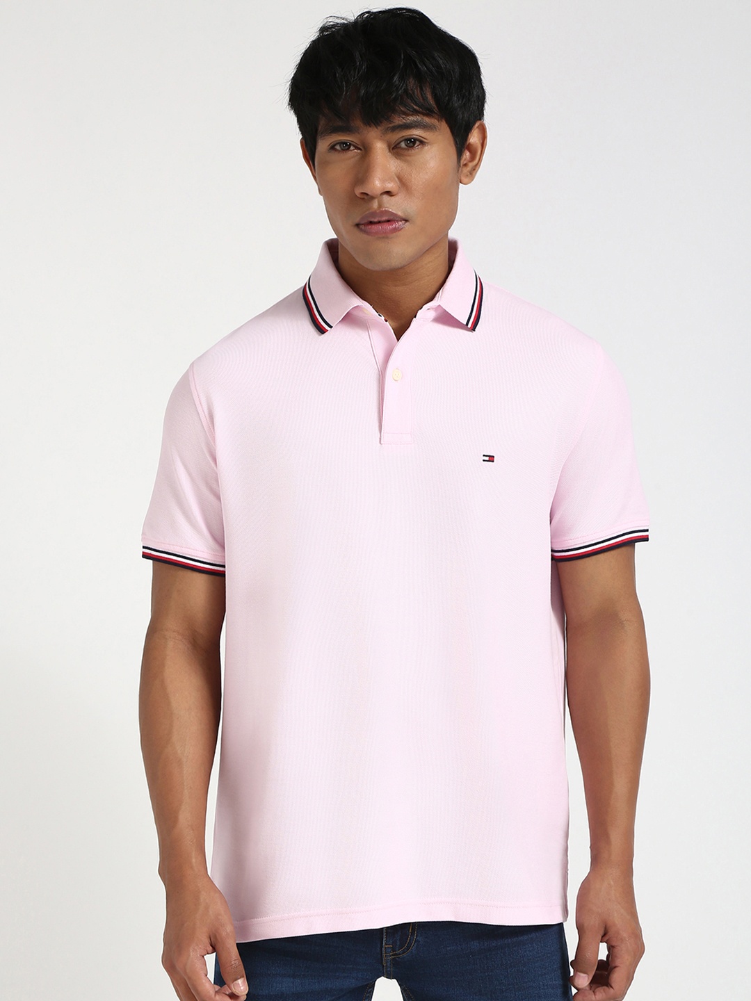

Tommy Hilfiger Men Solid Polo Collar Cotton T-shirt, Pink