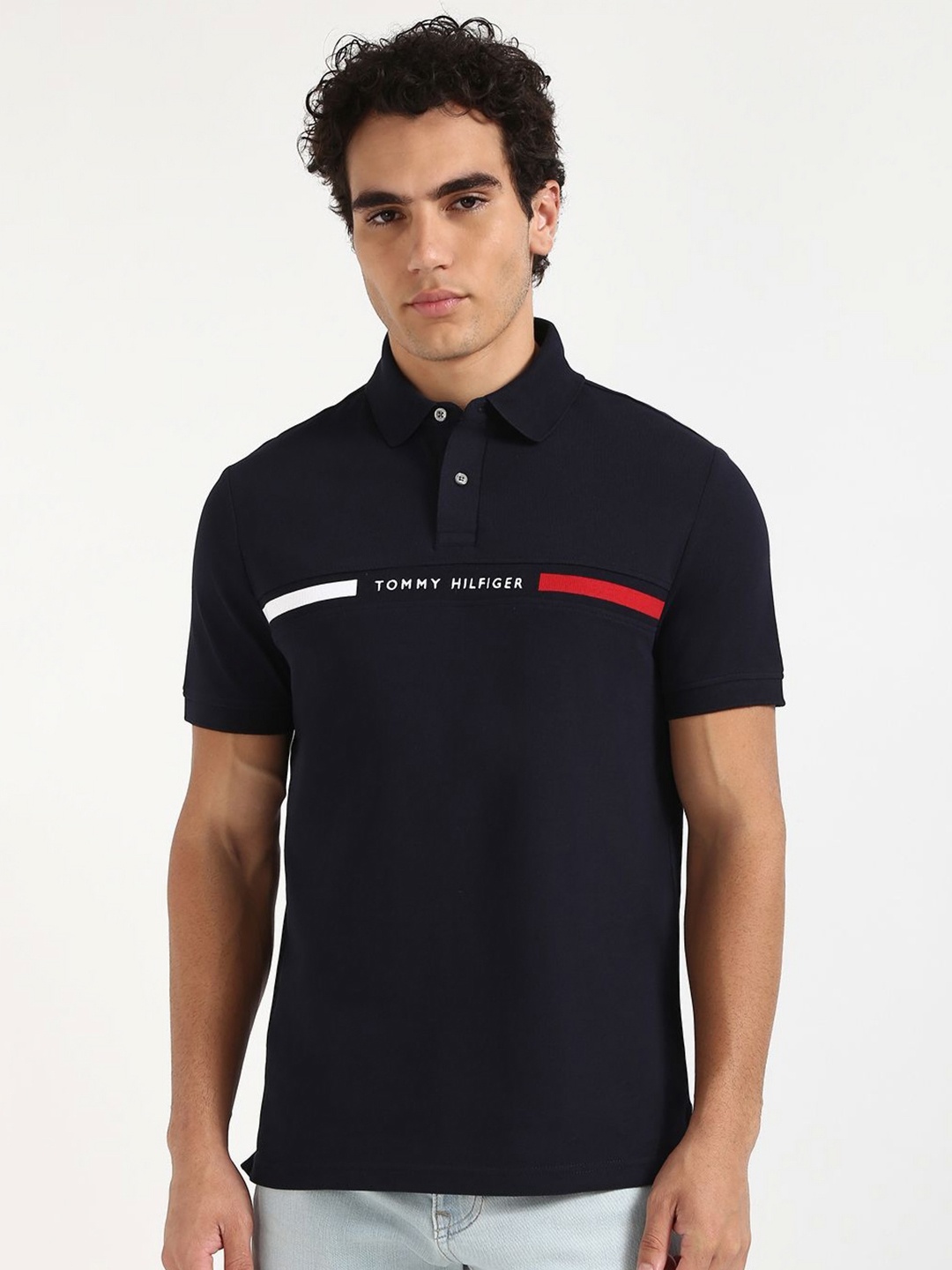 

Tommy Hilfiger Men Striped Polo Collar Cotton T-shirt, Navy blue