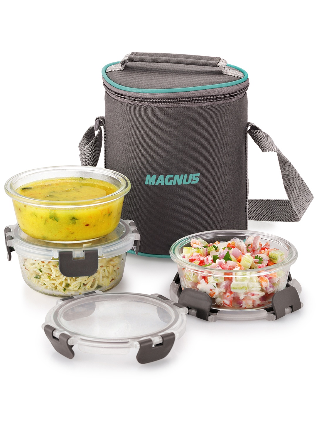 

MAGNUS 400ML Each Glock Glass Lunch Box, Vertical Pouch, 3 Round Airtight Containers, Transparent