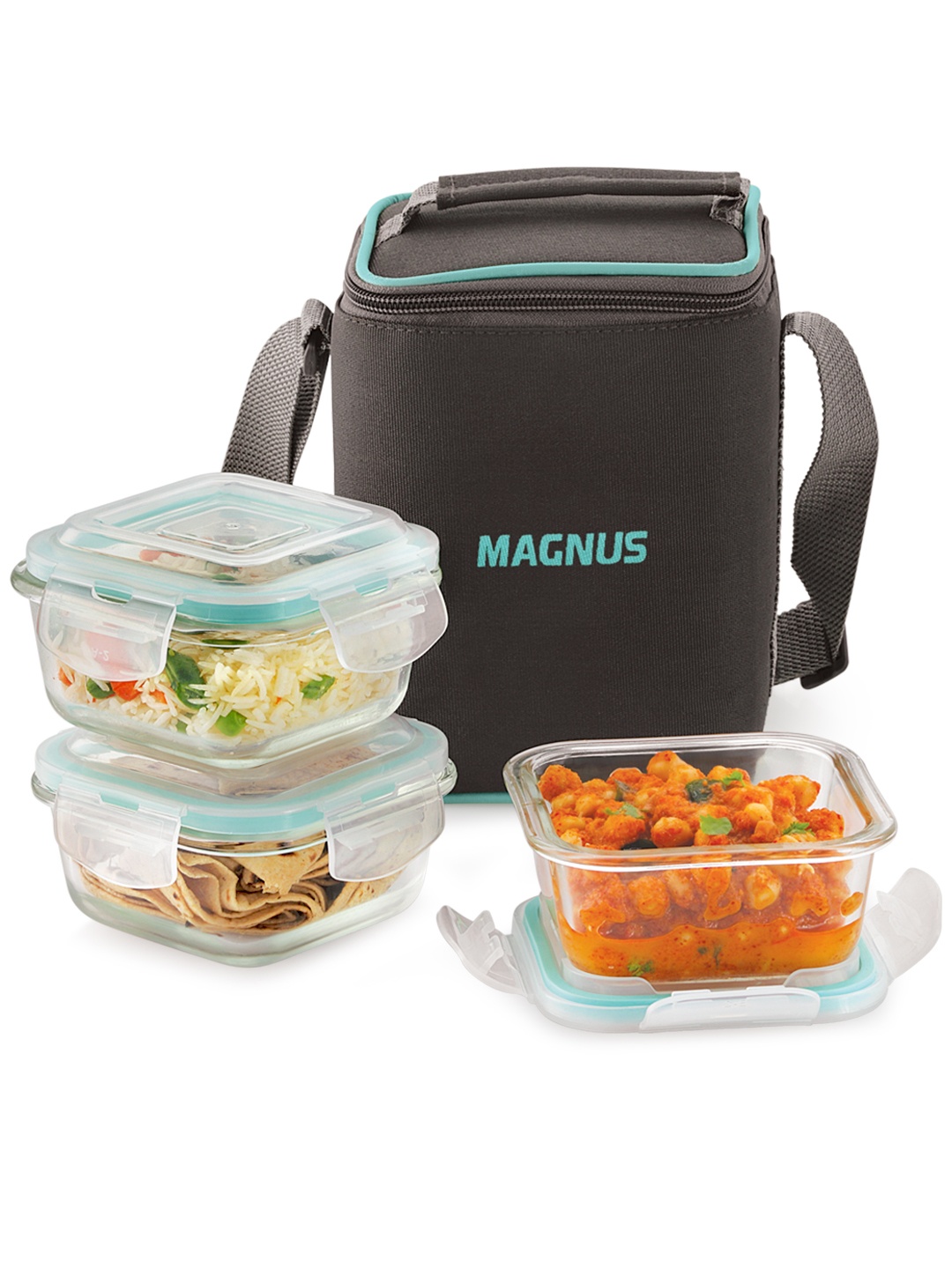 

Magnus Vivid Solid 960ml Glass Lunch Box with 3 Square Borosilicate Containers & Bag, Transparent