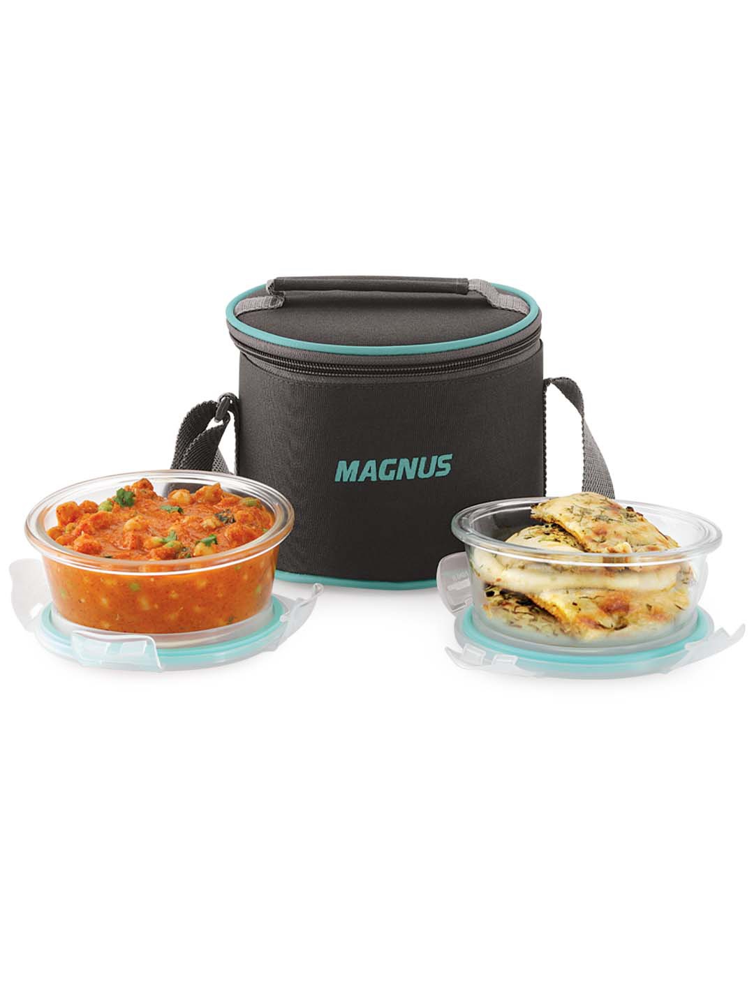 

Magnus Vivid Solid 800ml Glass Lunch Box with 2 Round Borosilicate Containers & Bag, Transparent