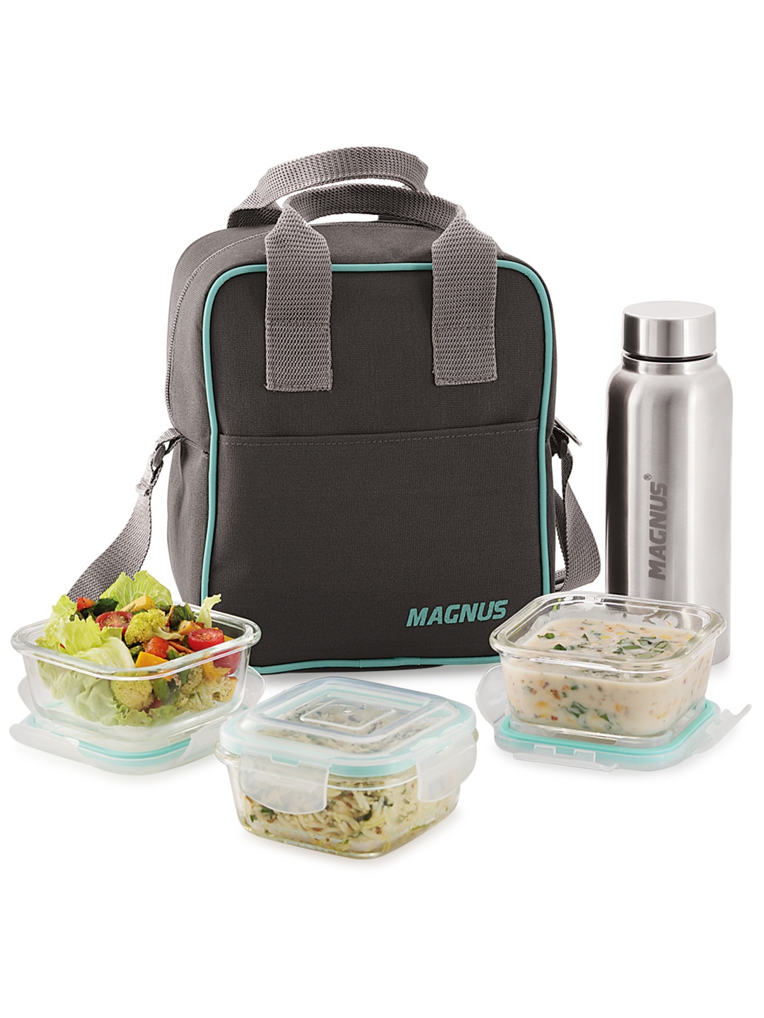 

Magnus 3 Pieces Transparent Square Glass Lunch Box 320 ml With Bag & Bottle