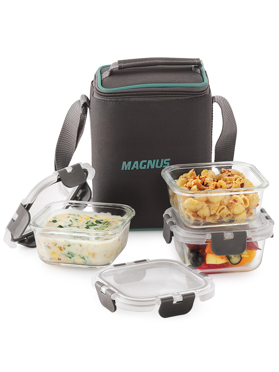 

MAGNUS Glock 3 Square Airtight Glass Dishwasher and Microwave Safe Lunch Box 320ML Each, Grey