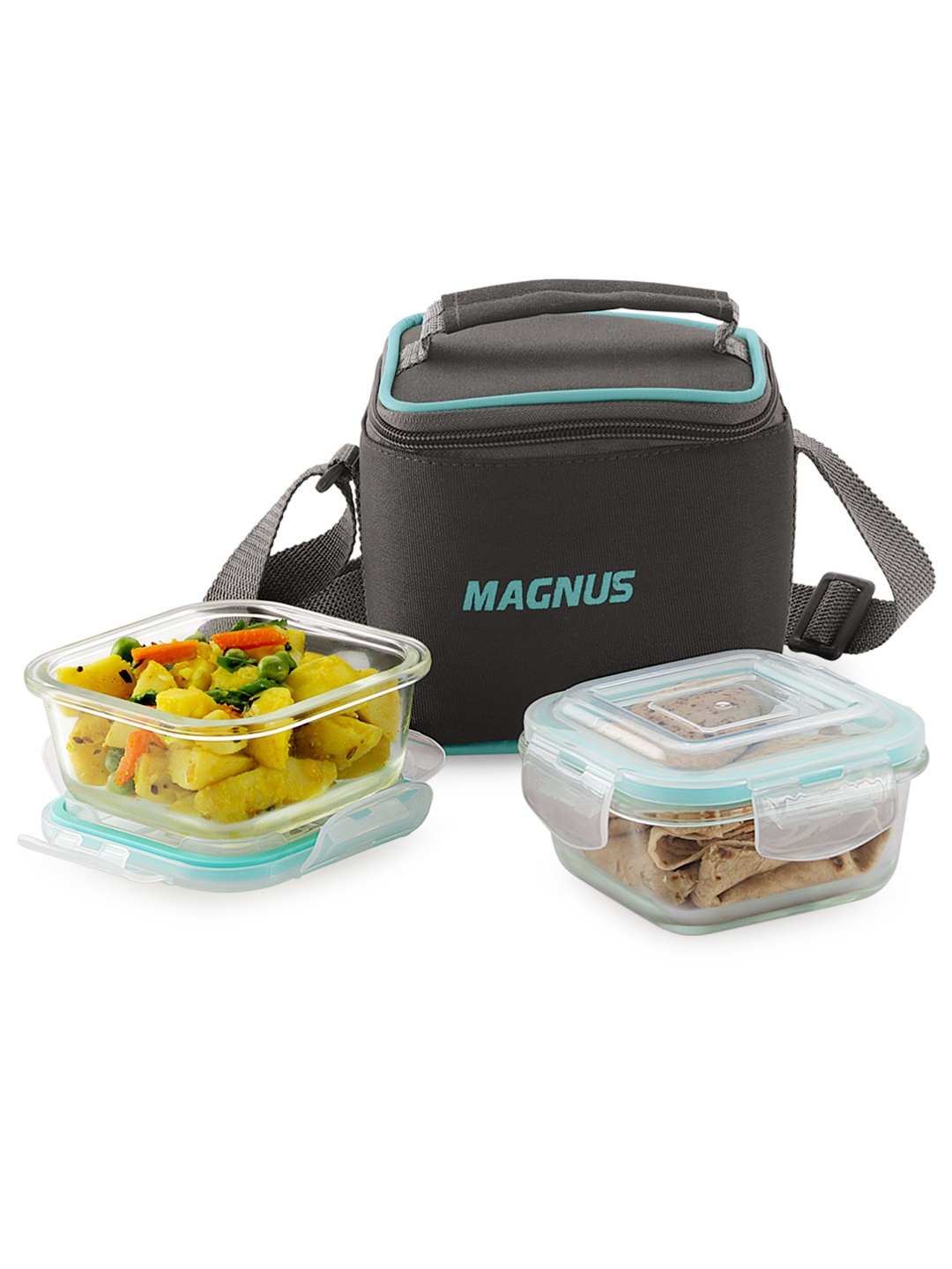 

Magnus Vivid Solid 640ml Glass Lunch Box with 2 Square Borosilicate Containers & Bag, Transparent