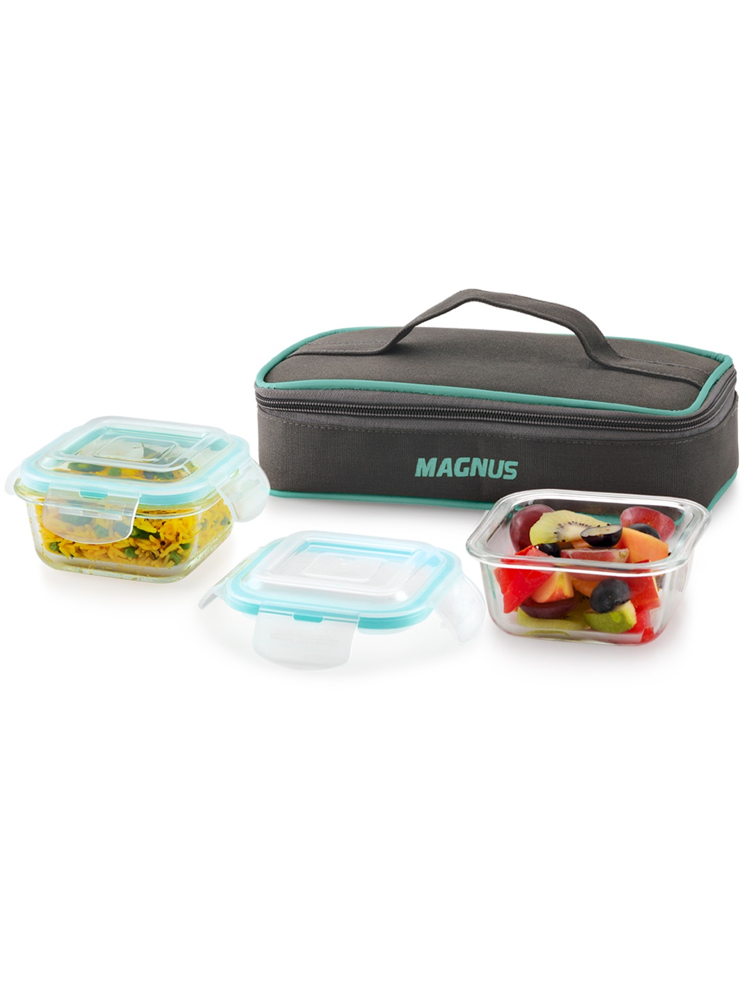 

Magnus Vivid Solid 640ml Glass Lunch Box with 2 Square Borosilicate Containers & Pouch, Transparent