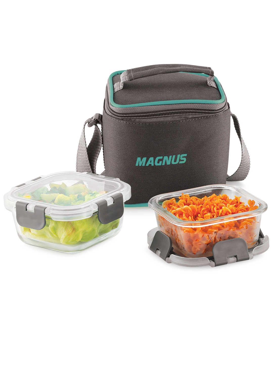 

Magnus Glock Solid 640ml Glass Lunch Box with 2 Square Borosilicate Containers & Bag, Grey