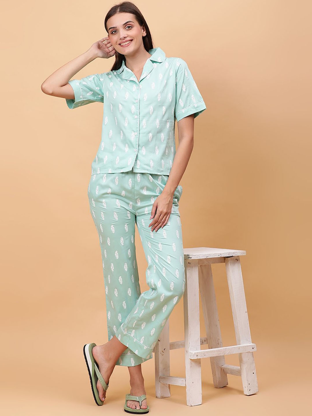 

Unifringe Women Floral Printed Night suit, Sea green
