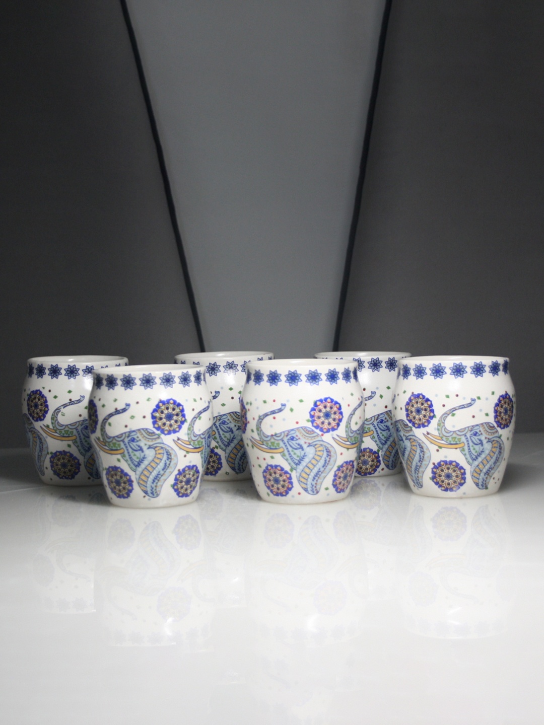 

MODEFE White & Blue Printed Ceramic Glossy Kulladhs Set of Cups and Mugs