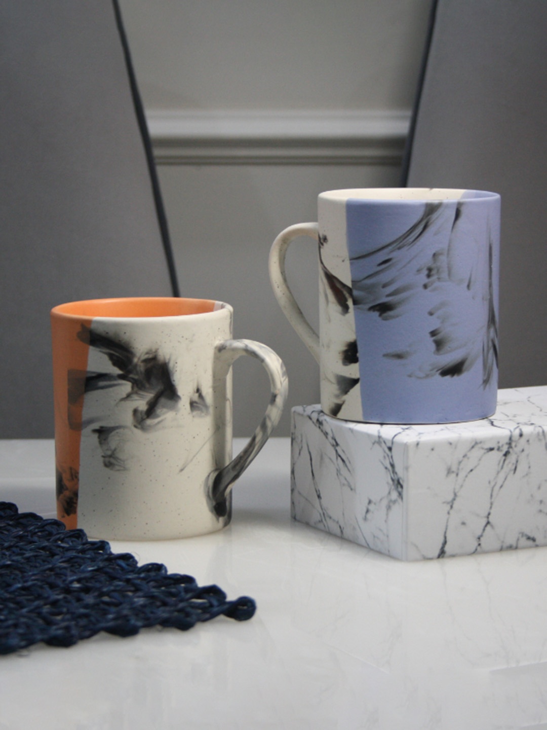

MODEFE White & Blue Printed Ceramic Matte Mugs Set of Cups and Mugs