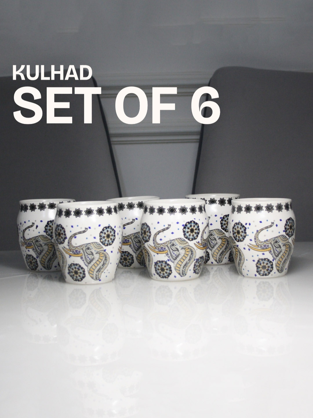 

MODEFE White & Black Printed Ceramic Matte Kulladhs Set of Cups and Mugs