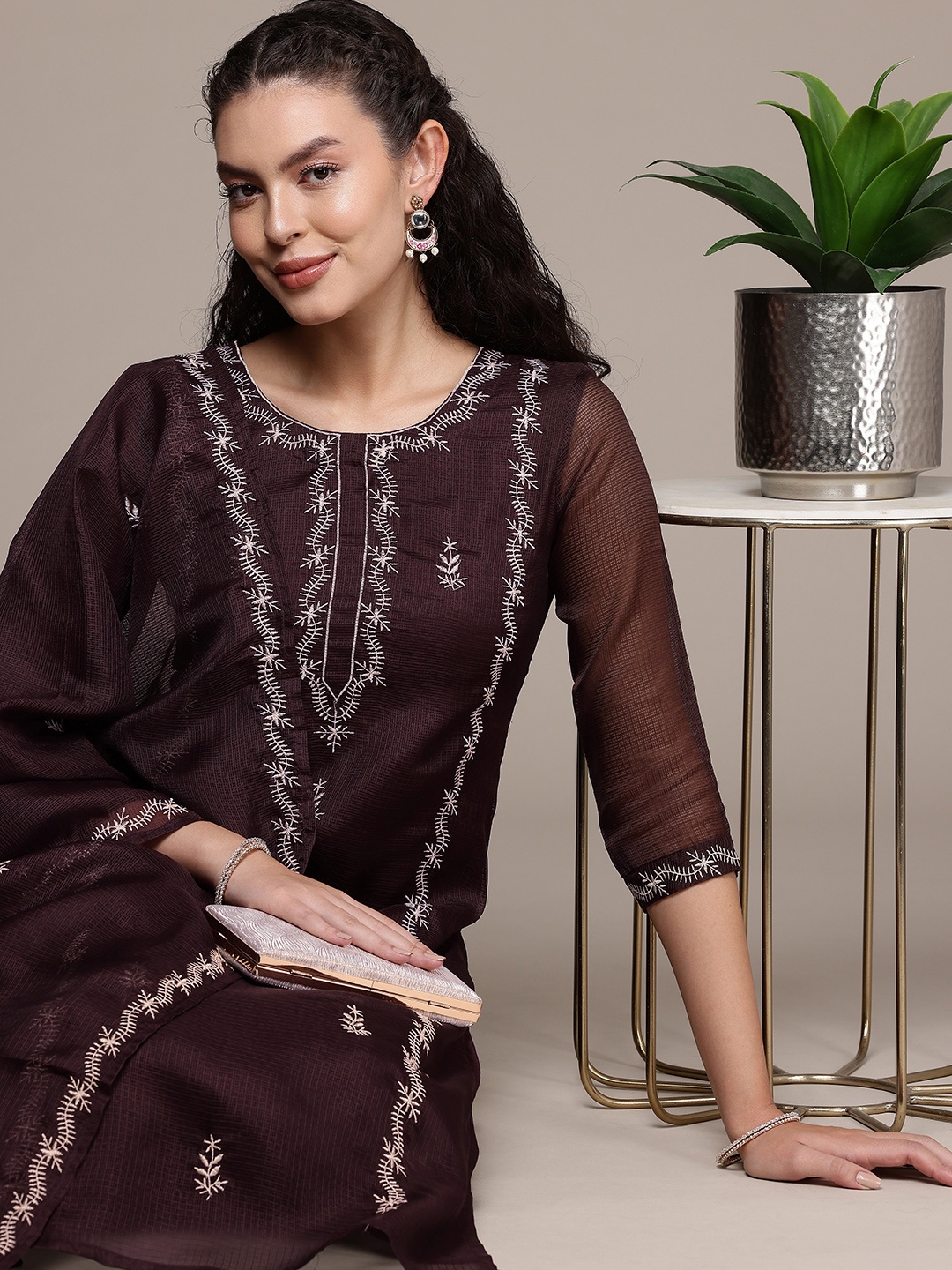 

Bahe Kurtiz Floral Embroidered Zari Work Kota Doriya Kurta With Trousers & Dupatta, Coffee brown